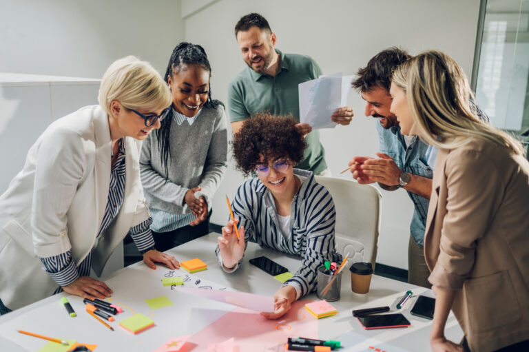 group of diverse business people working together and having a m