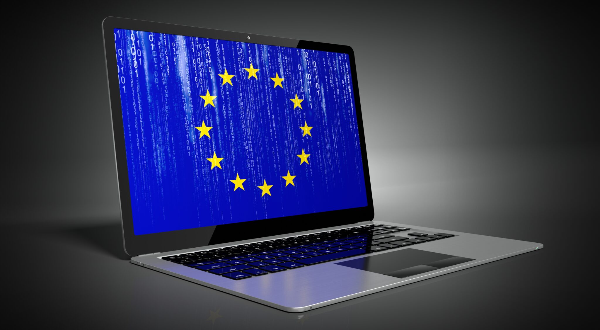 european union country flag and binary code on laptop screen 